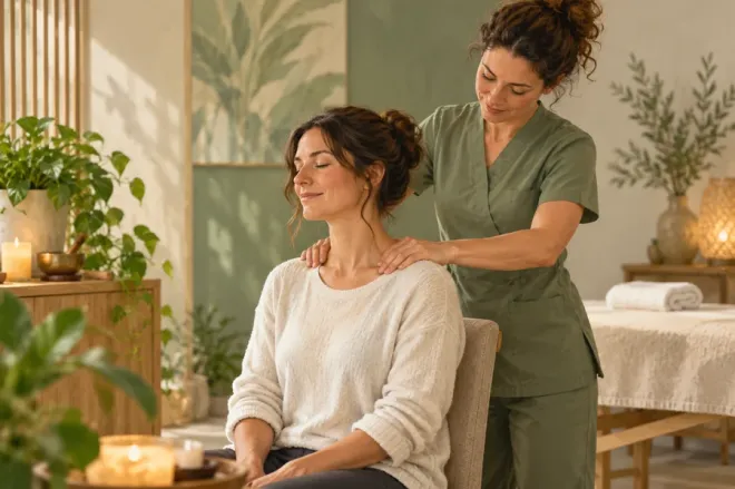 Illustration d’un massage doux des épaules, pratiqué sur une personne habillée
