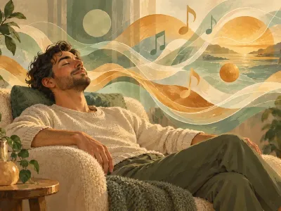 Illustration conceptuelle d’une personne au repos dans une ambiance de lumière et de musique