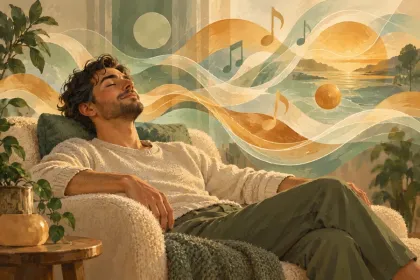 Illustration conceptuelle d’une personne au repos dans une ambiance de lumière et de musique