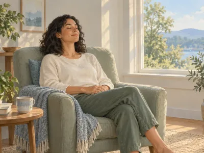 Illustration d’une personne assise confortablement et prenant un temps calme près d’une fenêtre