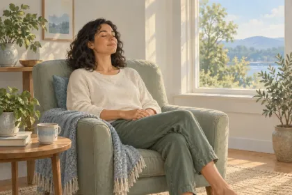 Illustration d’une personne assise confortablement et prenant un temps calme près d’une fenêtre