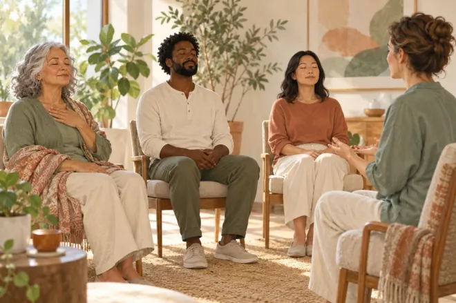 Illustration d’une séance collective de détente guidée avec des adultes de différents âges